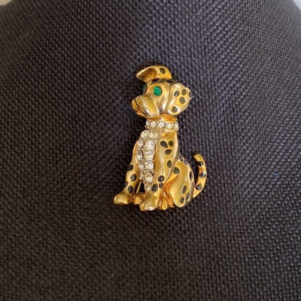 Dog Pin Gold Tone Crystal Rhinestones & Black Enamel Spots, Spotted Dog Brooch